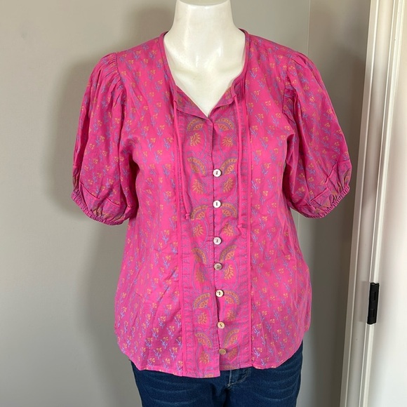 Cleobella Amari Blouse Ditzy Mix Block Print Pink Organic Cotton Balloon Sleeve - Picture 2 of 12